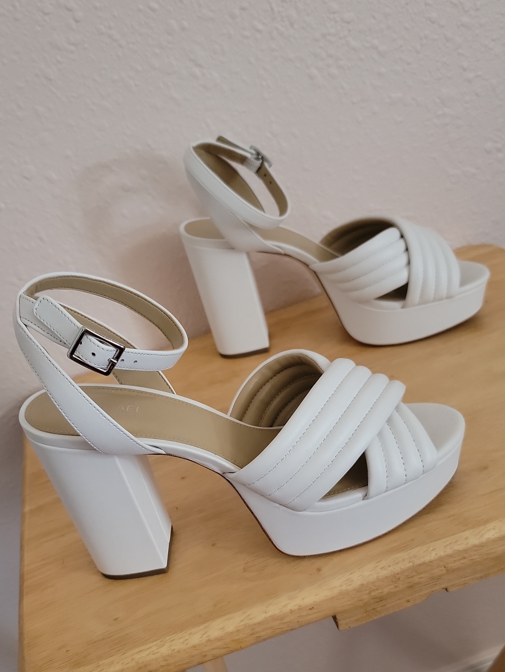 Michael Kors White Platform Block Heel Sandals Open Toe Wedding Heels Pumps 8.5